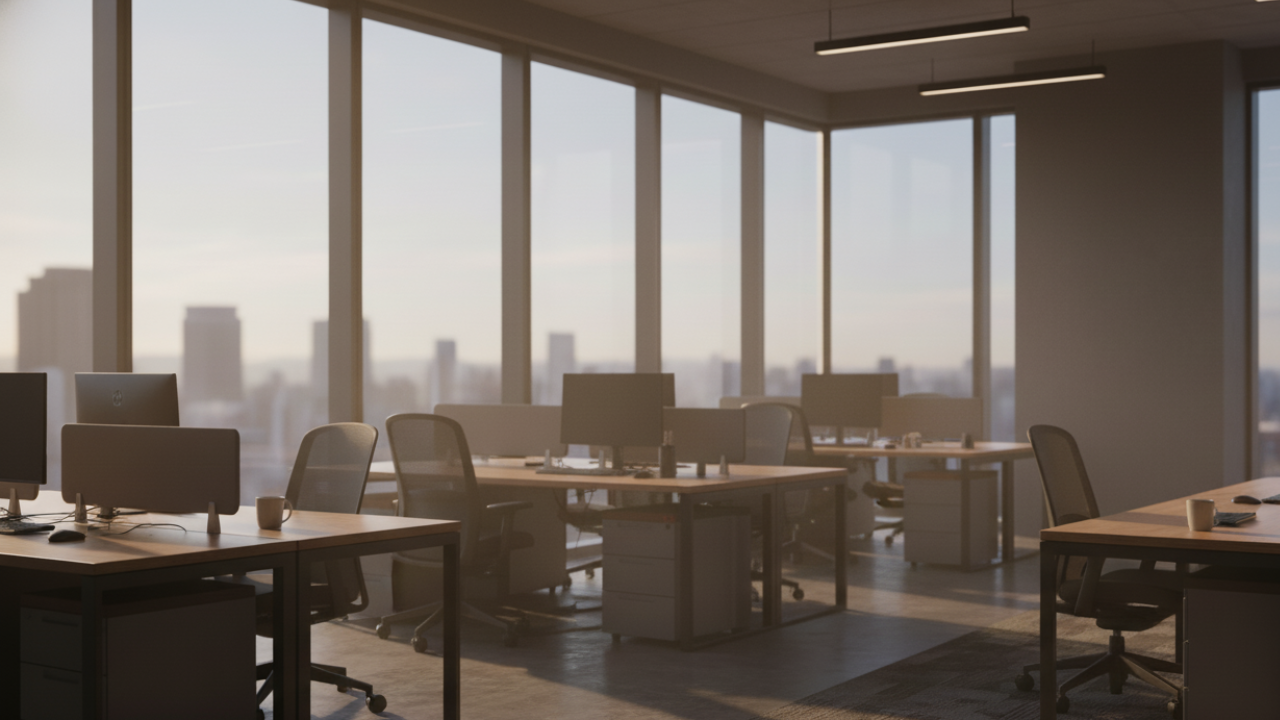 Oficina moderna totalmente vacía en un festivo celebrado en España, simbolizando un día no laborable en un entorno de trabajo habitual.