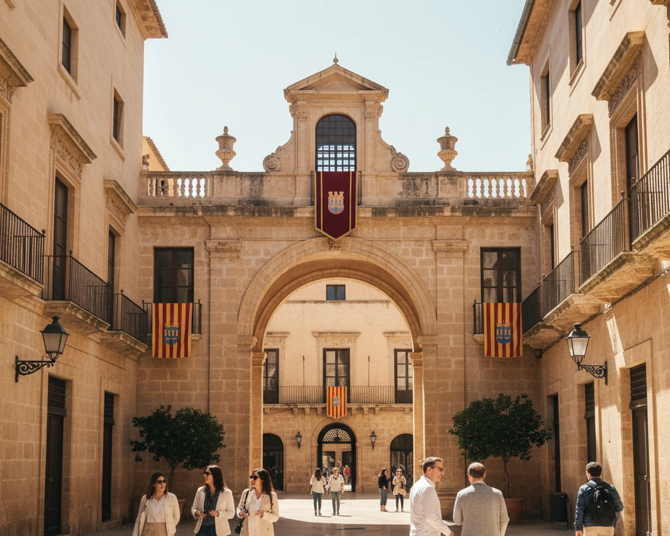 Representación generada con IA del Día de Baleares: playa mediterránea con pinos y agua turquesa. Ilustración conceptual hyperrealista