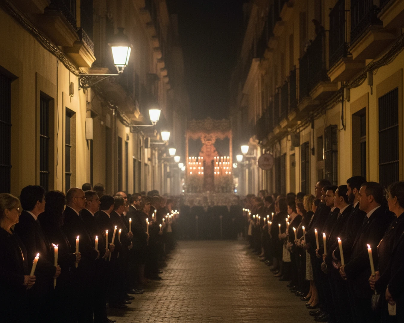 Representación generada con IA del Jueves Santo: procesión nocturna de nazarenos con paso entre muros antiguos iluminados por velas. Ilustración conceptual hyperrealista