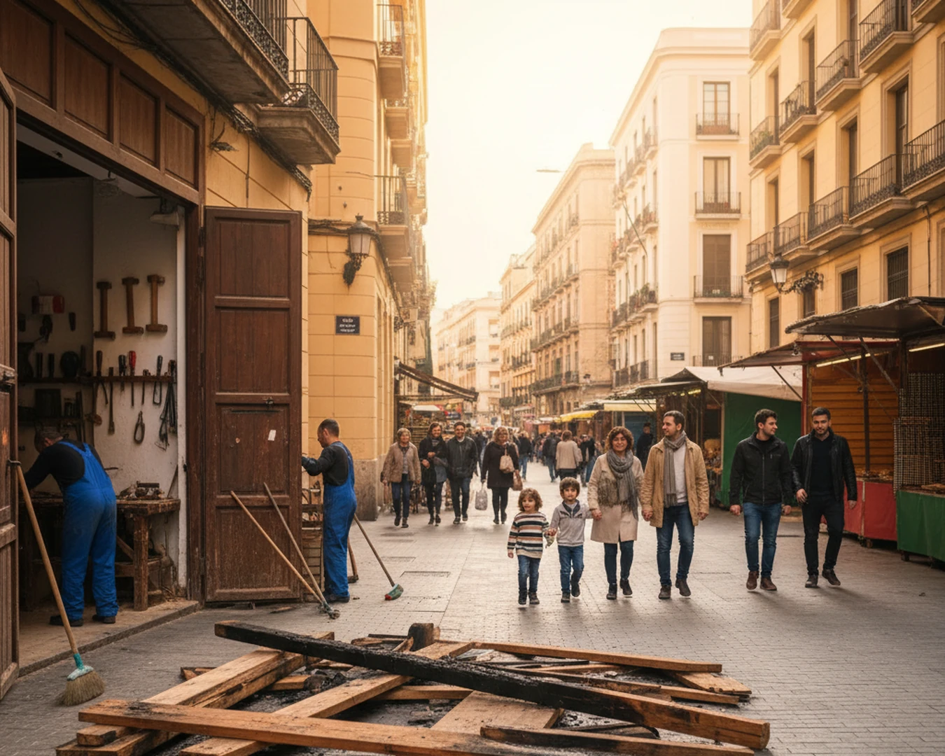 Representación generada con IA del Día de San José: patio familiar con mesa de dulces tradicionales y naranjos. Ilustración conceptual hyperrealista
