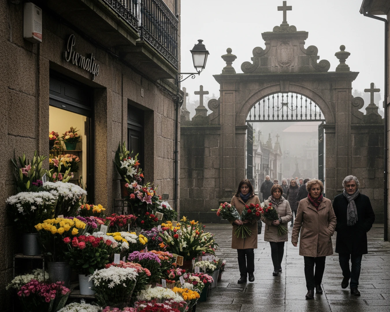 Representación generada con IA del Día de Todos los Santos: cementerio al atardecer con crisantemos y velas. Ilustración conceptual hyperrealista